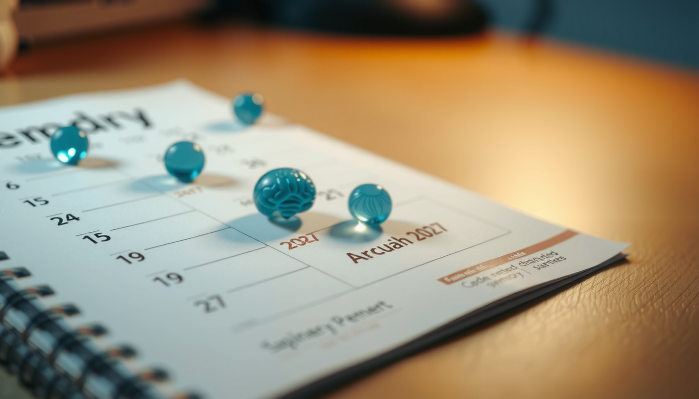 Calendar page with spaced study sessions and glowing brain icons.