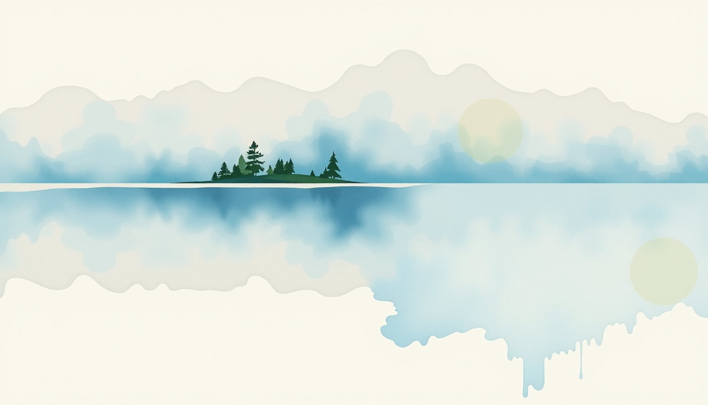 Calm lake shrouded in fog, serene grey-blue tones reflecting tranquility.