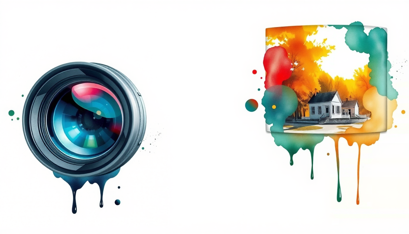 Camera lens capturing a scene with vivid distortions and blurred details.