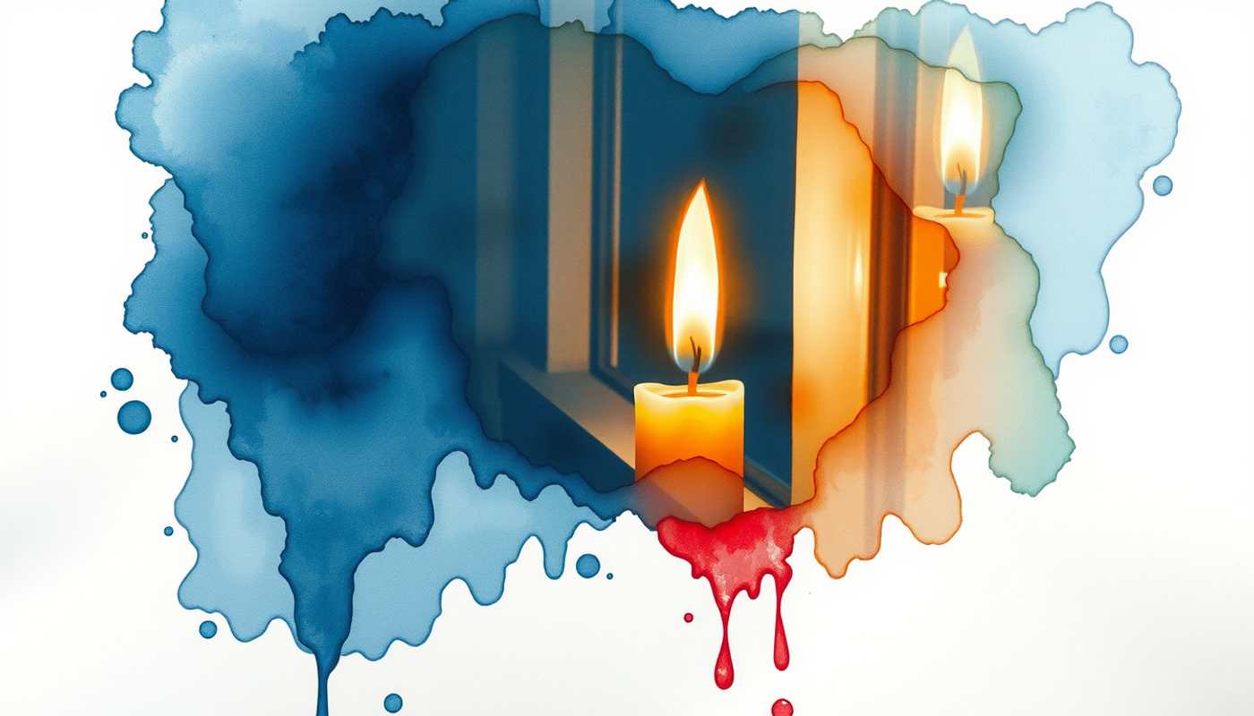 Candle flame reflection in dark window, warm and distorted glow.