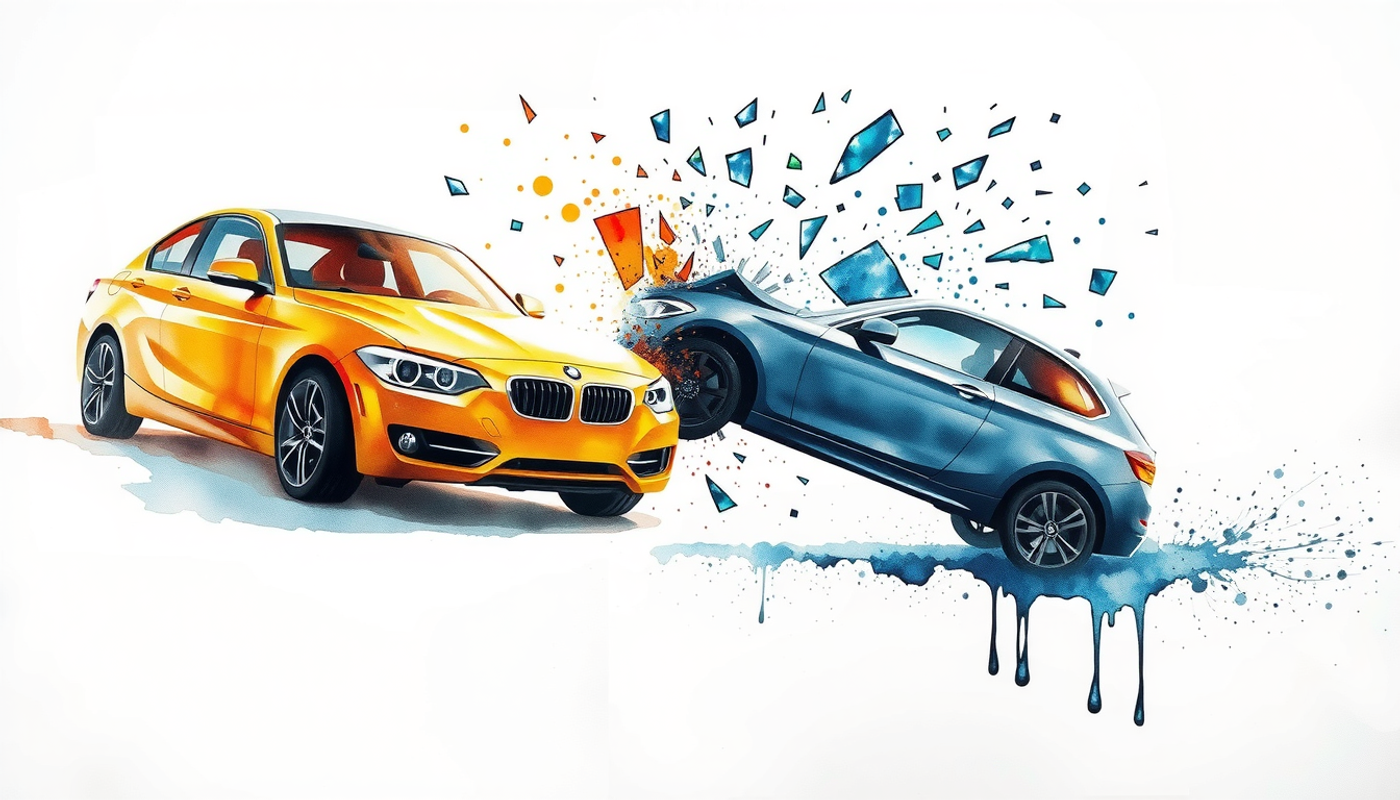 Split-screen of gentle car contact and violent collision with shattered glass.