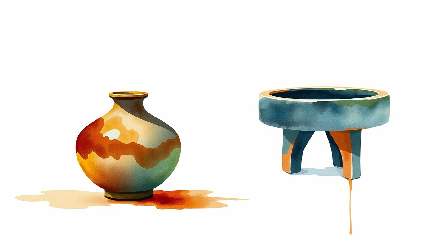 Ceramic vessel on a table beside an empty potter's wheel.