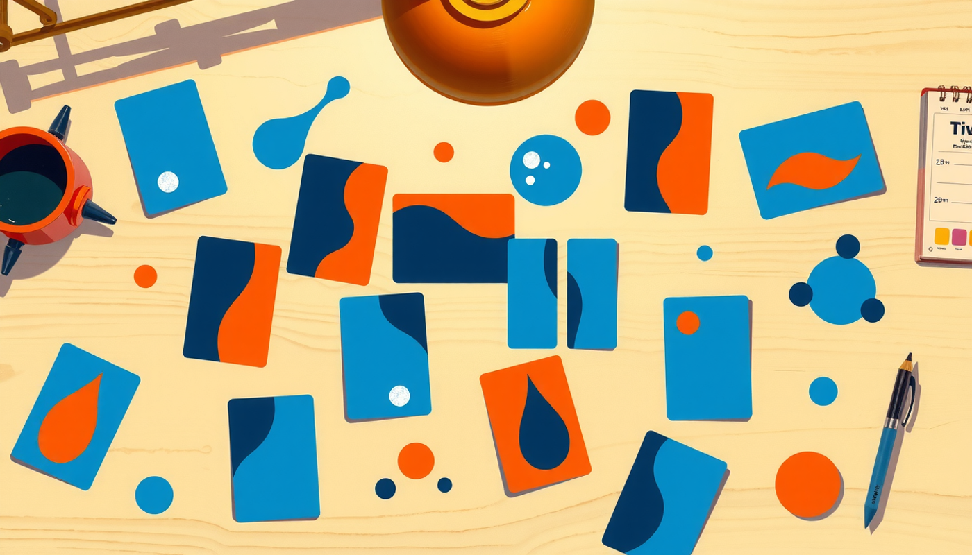 Chemistry problem cards in a mixed arrangement on a wooden surface.