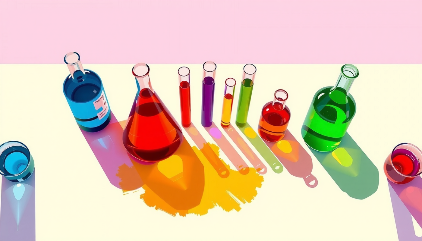Chemistry lab bench with colorful test tubes and beakers arranged in gradient.