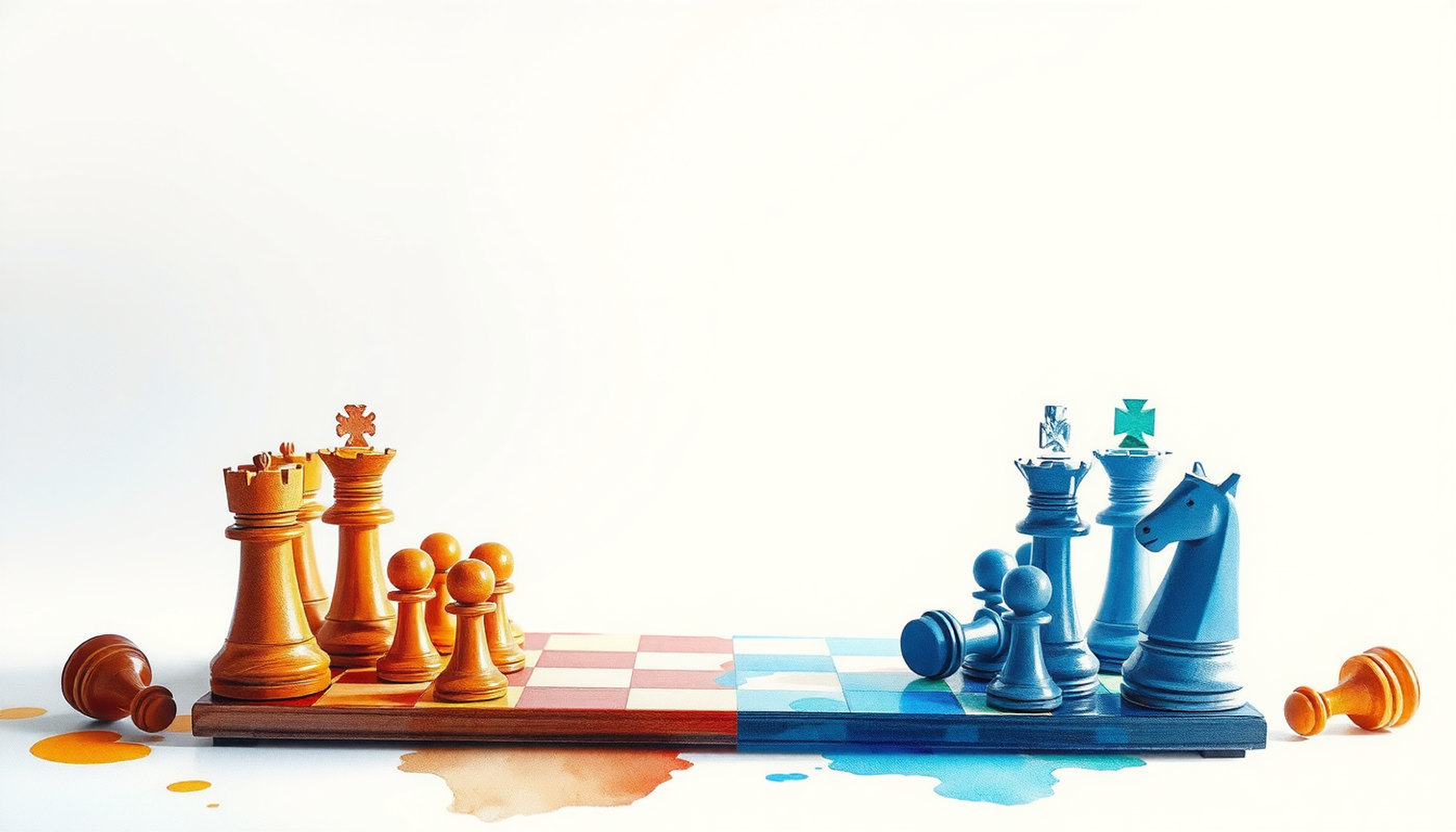 Two contrasting chess boards mid-game, highlighting performance measurement debate.