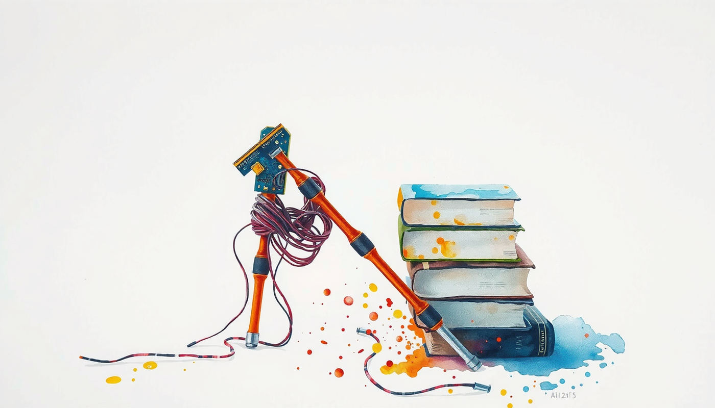 Crutch dissolving under textbooks, symbolizing instability and loss of support.