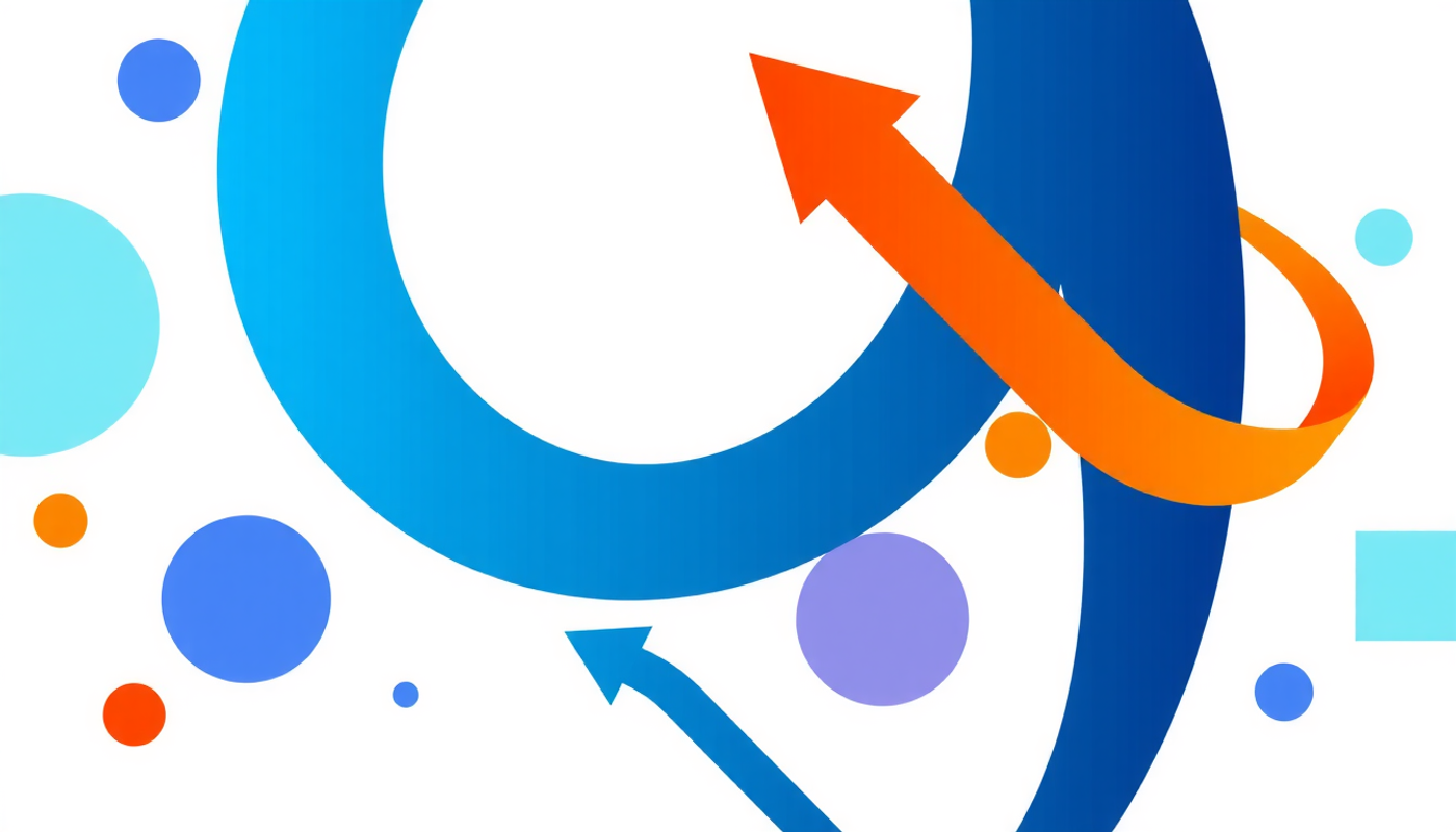 Circular feedback loop design in dark blue and orange, inspired by ouroboros.