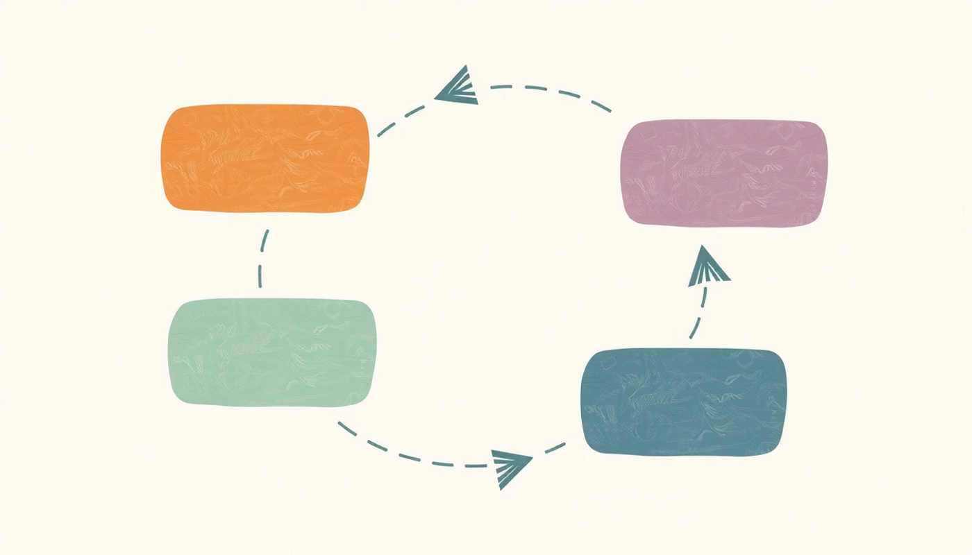 Pastel sticky notes in a circular flow on cork board.