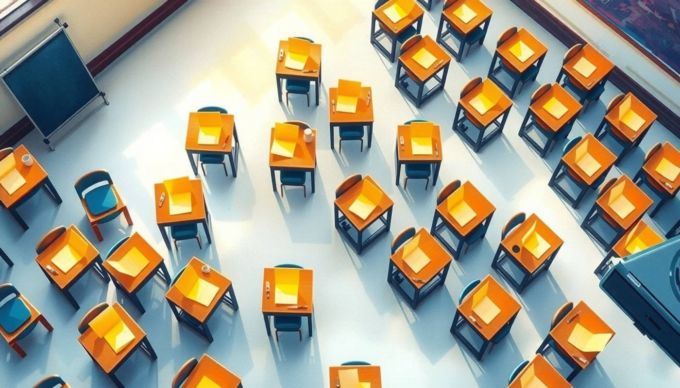 Classroom from above with glowing quiz papers illuminating desks warmly.