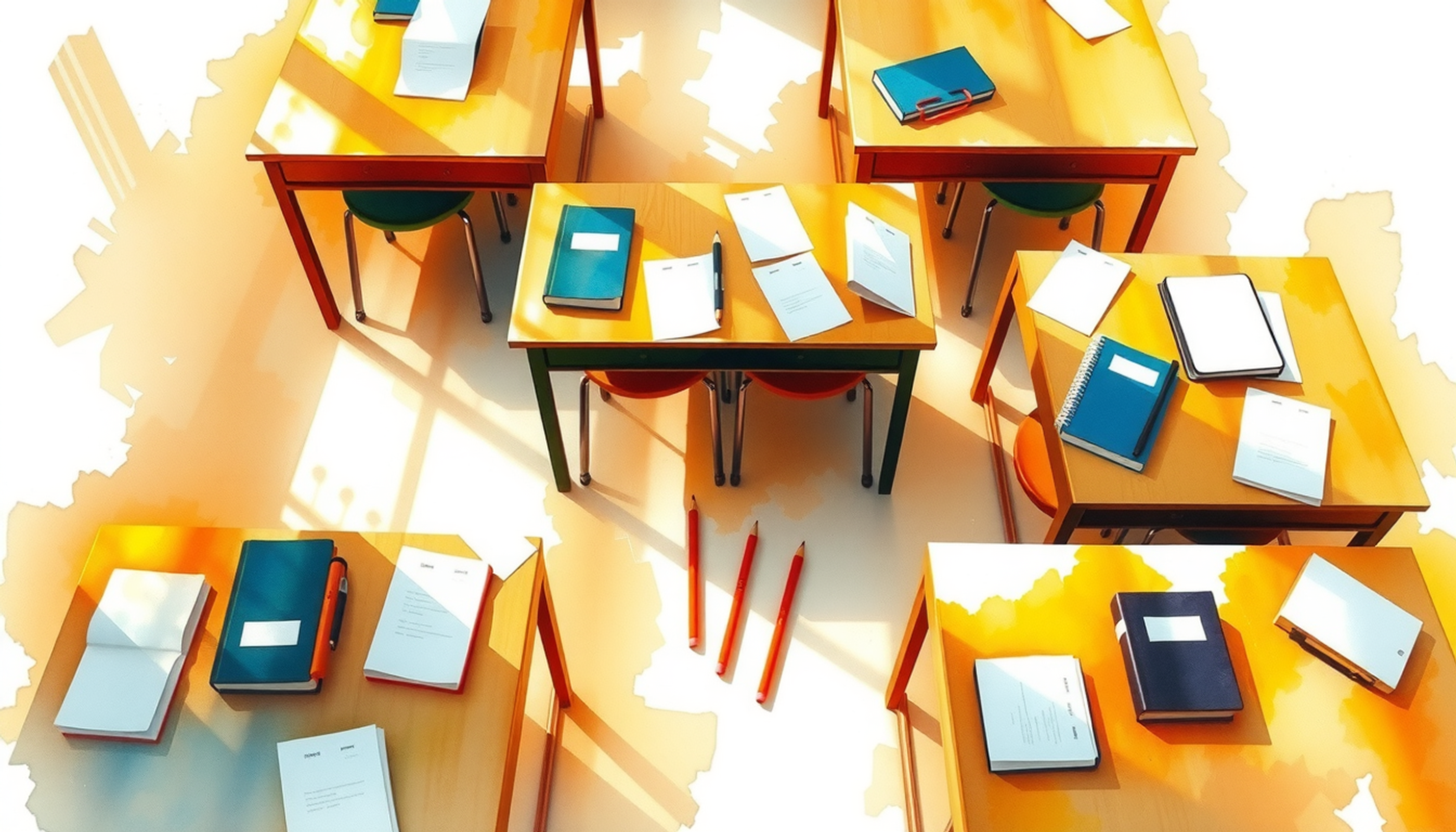 Classroom overhead view with desks, notebooks, and sunlight shadows.