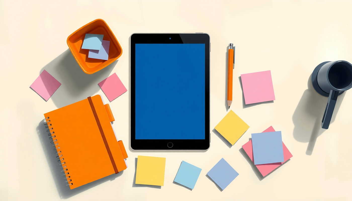 Clean desk with tablet, notebook, coffee, and colorful sticky notes.