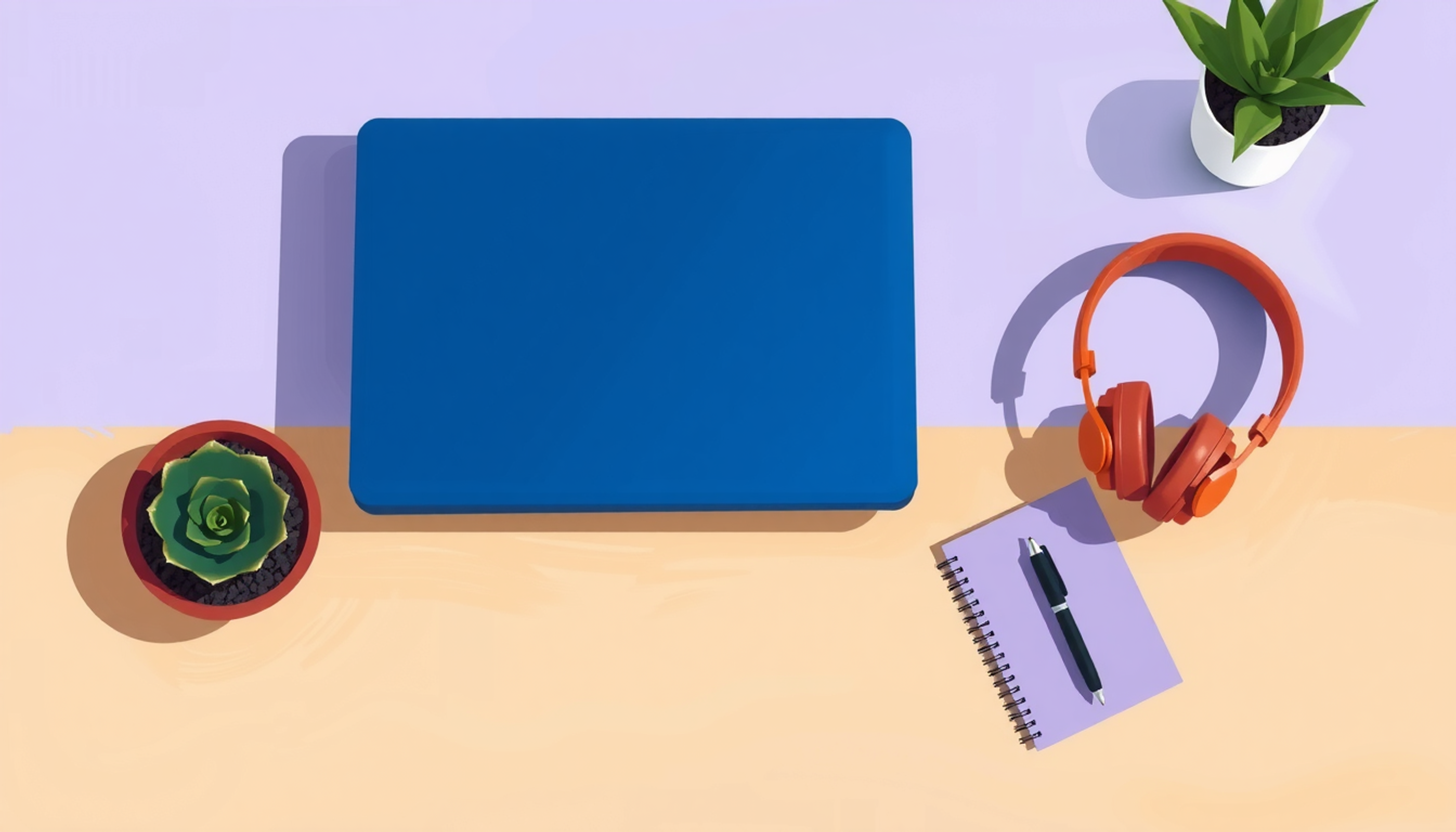 Aerial view of a minimalist study desk with laptop and headphones.