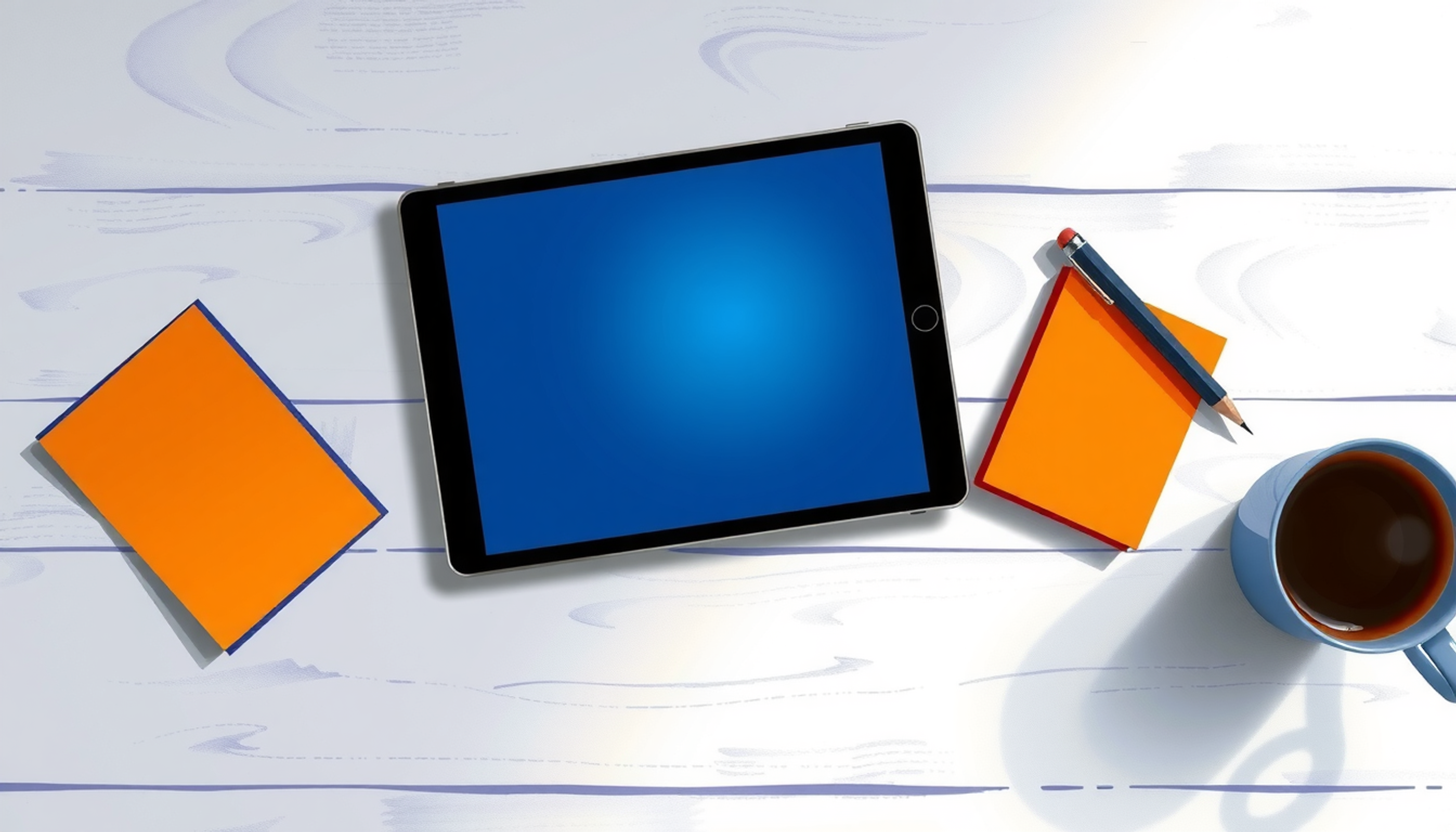 Clean study desk with tablet, coffee, sticky notes, and pencil.