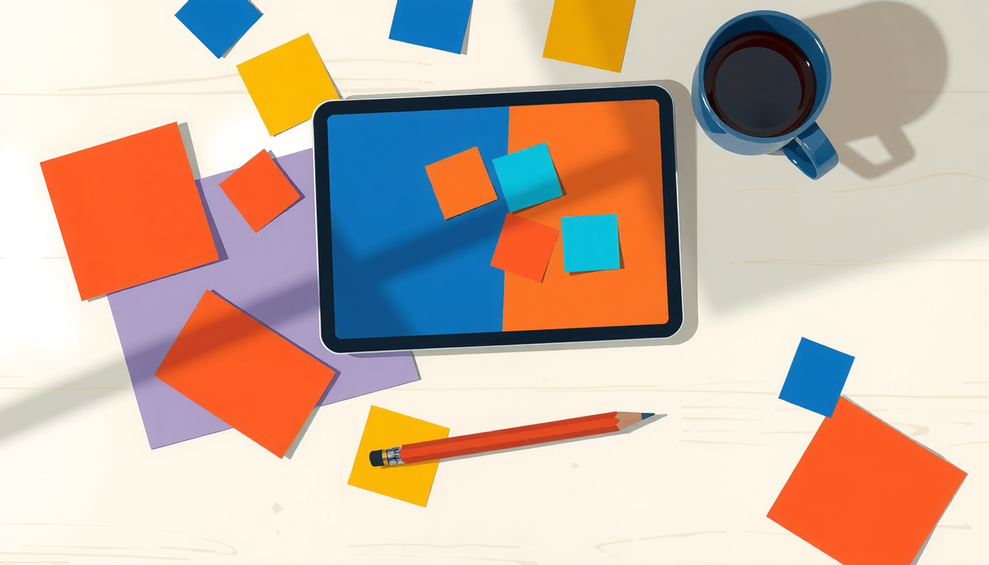 Clean study desk with tablet, coffee, sticky notes, and pencil.