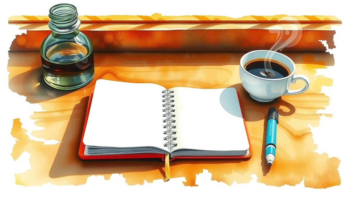 Closed notebook and highlighter beside cold coffee in soft morning light.