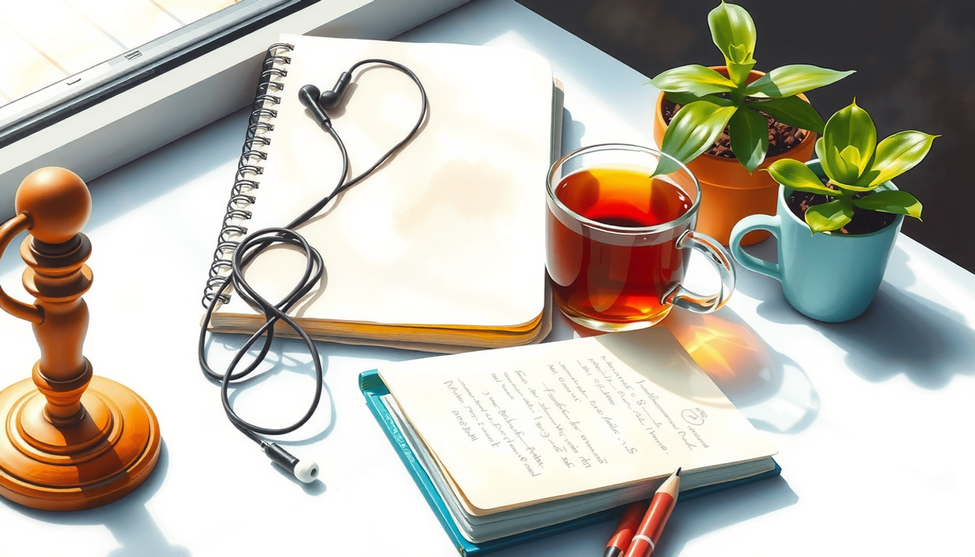 Closed notebook and earbuds beside a steaming cup of tea.