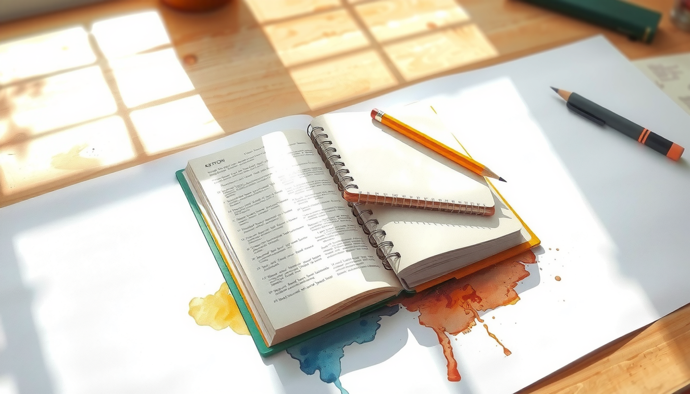 Closed textbook and notebook with pencil on a wooden desk.