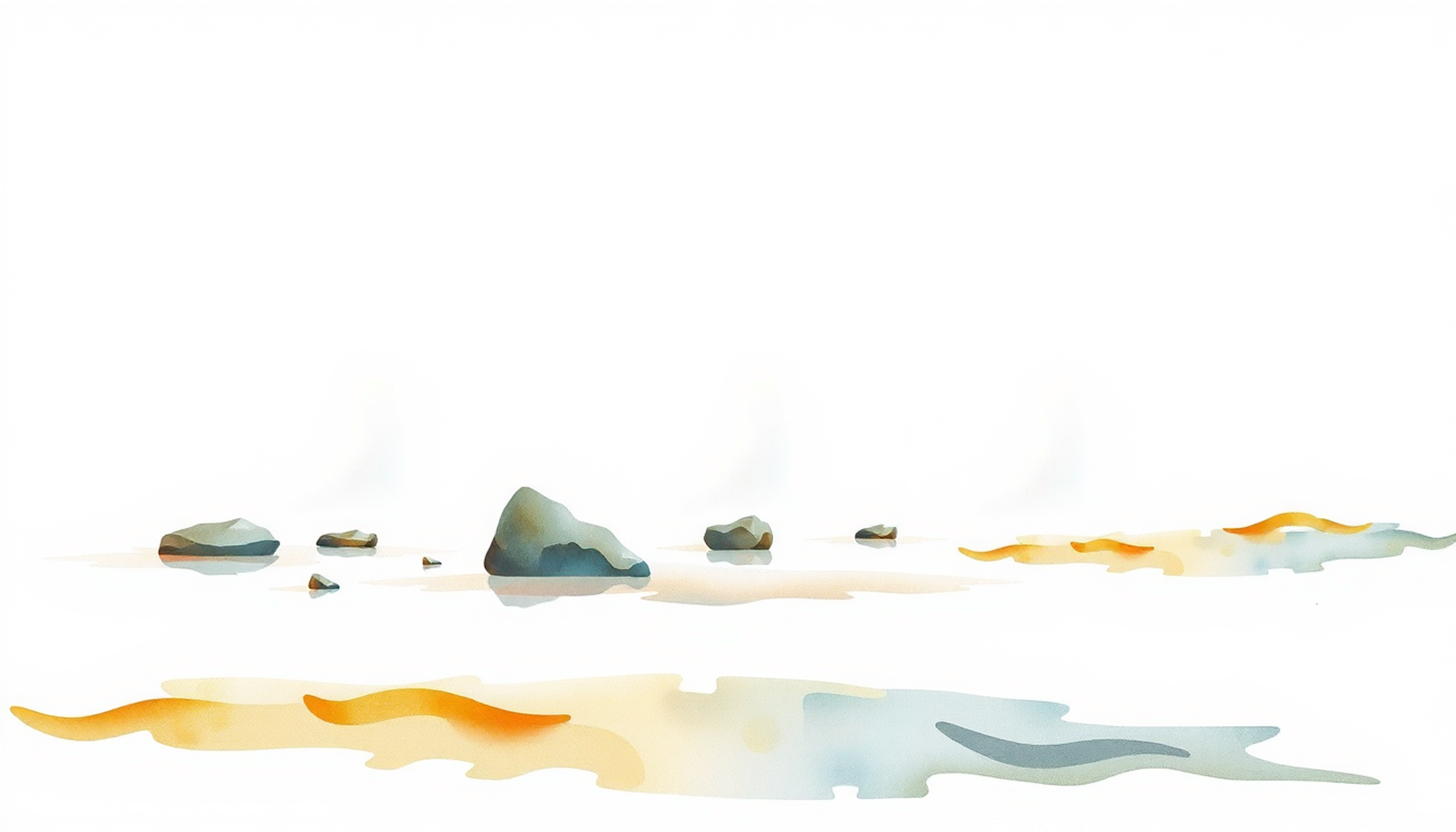 Identical white stone markers in misty coastal landscape on wet sand.
