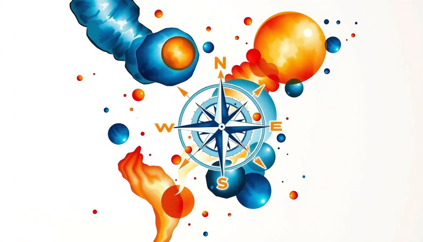 Cognitive biases depicted as gravitational fields around a compass rose.