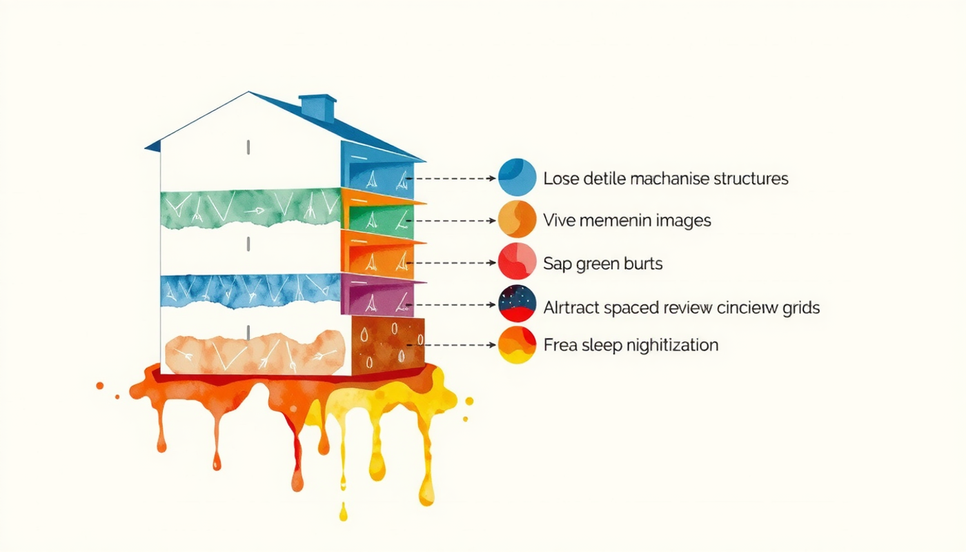Architectural cross-section of a five-story building illustrating cognitive strategies.