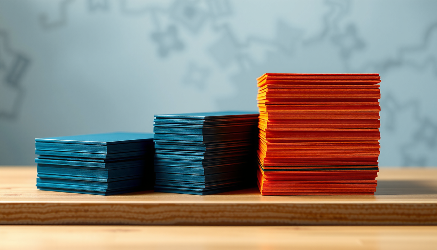 Colored card stacks on a wooden table showing decline and recovery.