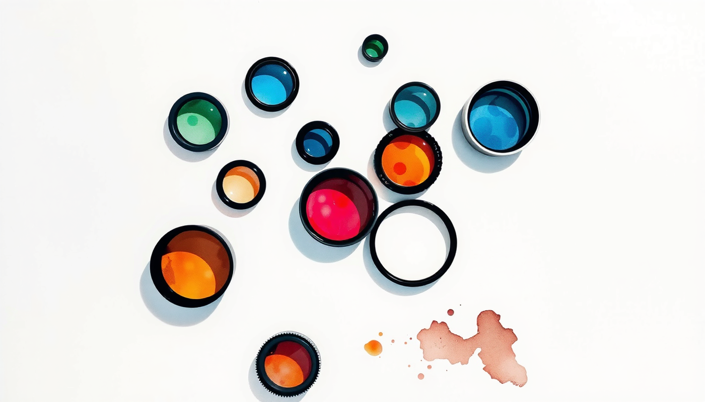 Colorful lenses casting overlapping shadows on a white surface.