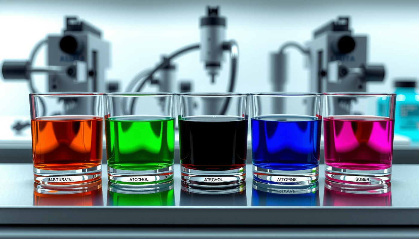 Grid of six T-mazes in various colors representing drug states.