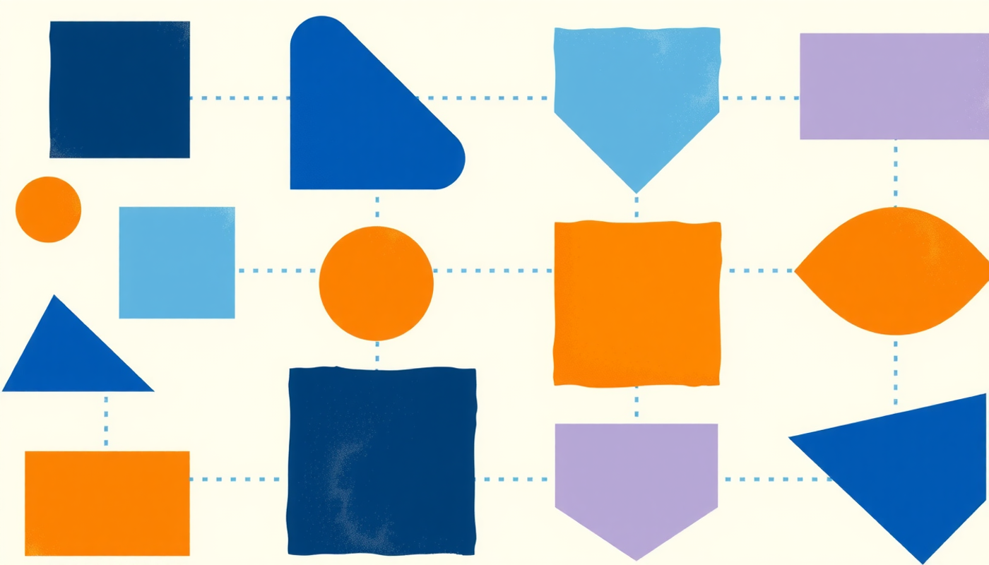 Colorful app icons in a grid with dotted line connections.