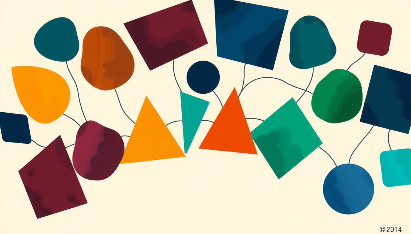 Fifteen colorful geometric shapes in an arc representing app categories.