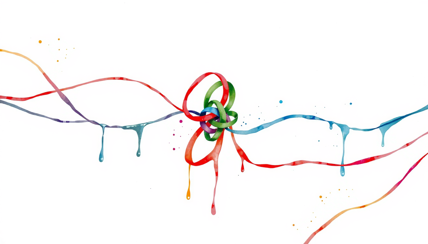 Tangled colorful threads representing interference between similar memories.