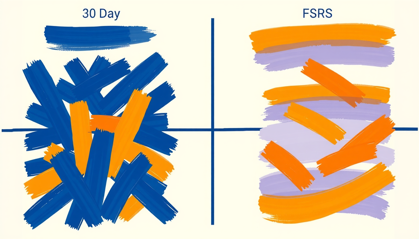 Comparison of review schedules: basic algorithm vs. FSRS efficiency.