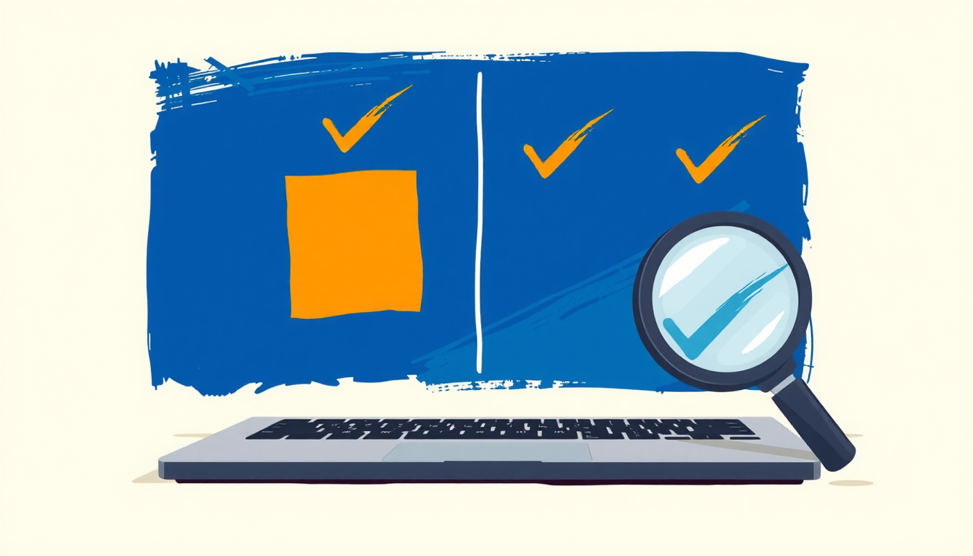 Comparison table above a laptop with colorful check marks and cross marks.
