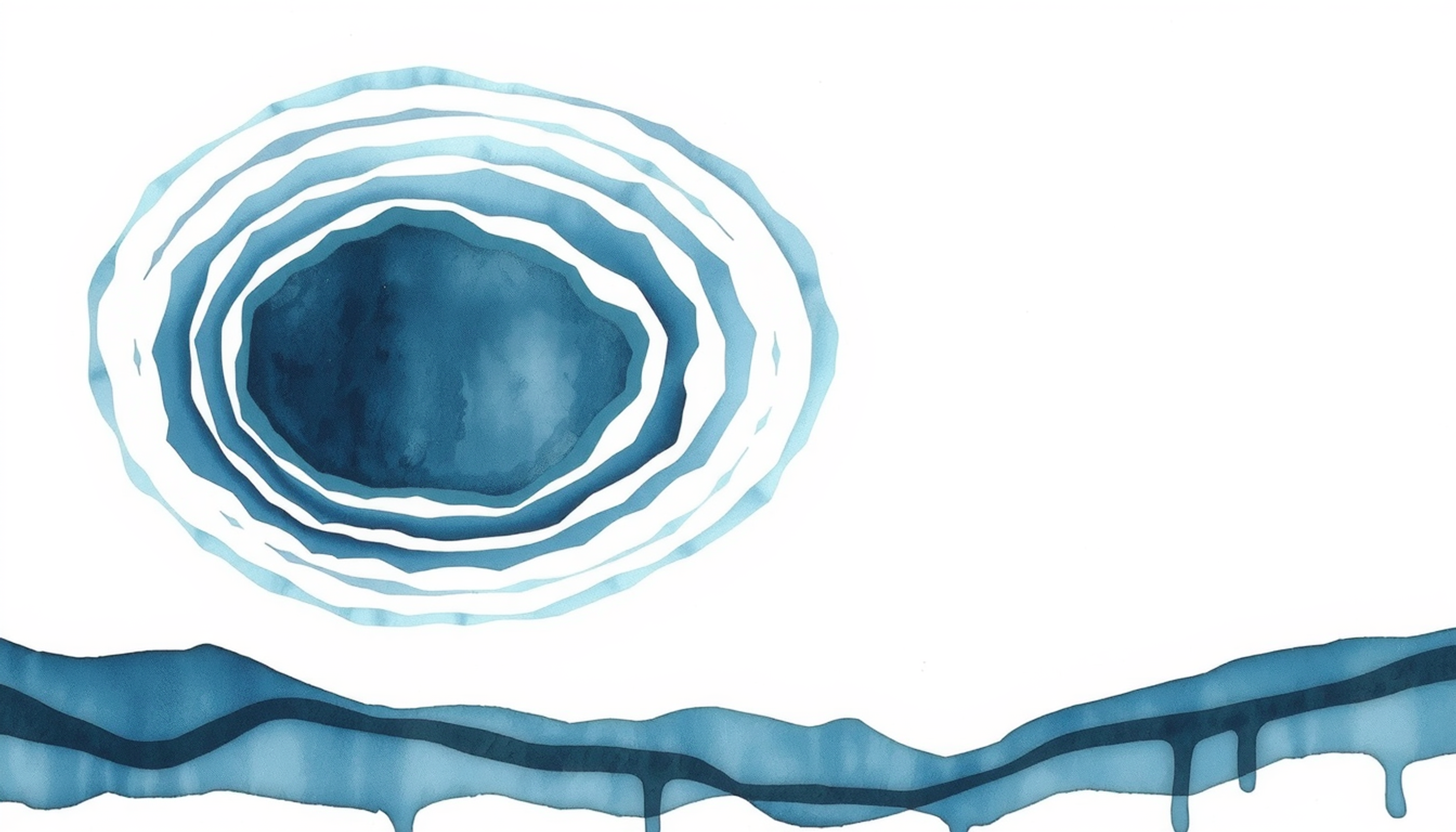 Concentric ripples overlap on dark water from two drop points.