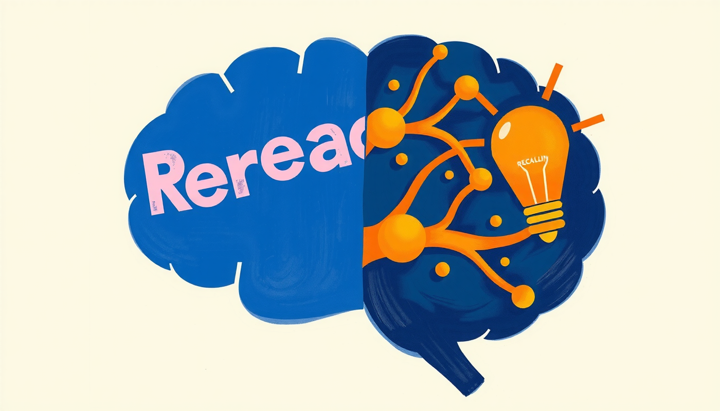 Brain comparison: passive rereading vs. active recall with neural connections.