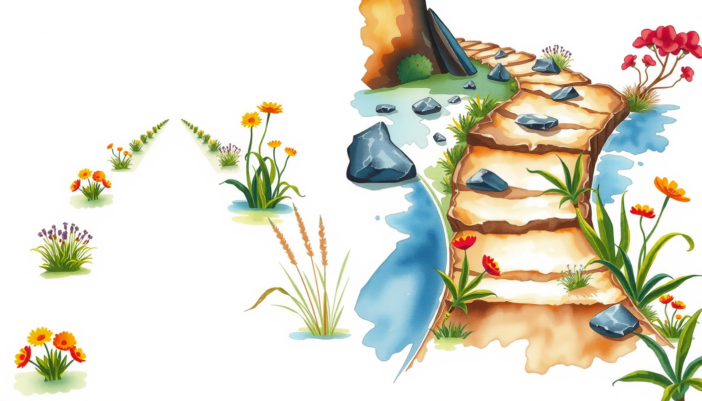 Smooth path with uniform flowers vs. winding rocky trail through diverse terrain.