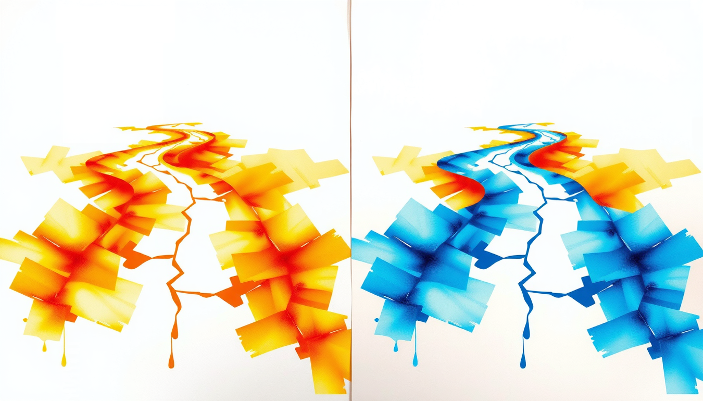 Contrasting scenes of confidence and reality with smooth and cracked pathways.