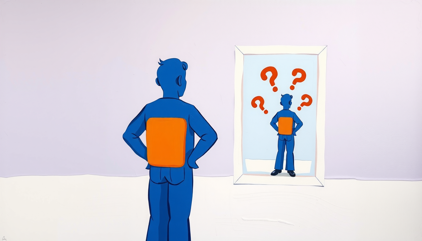 Confident person facing a confused reflection with question marks.
