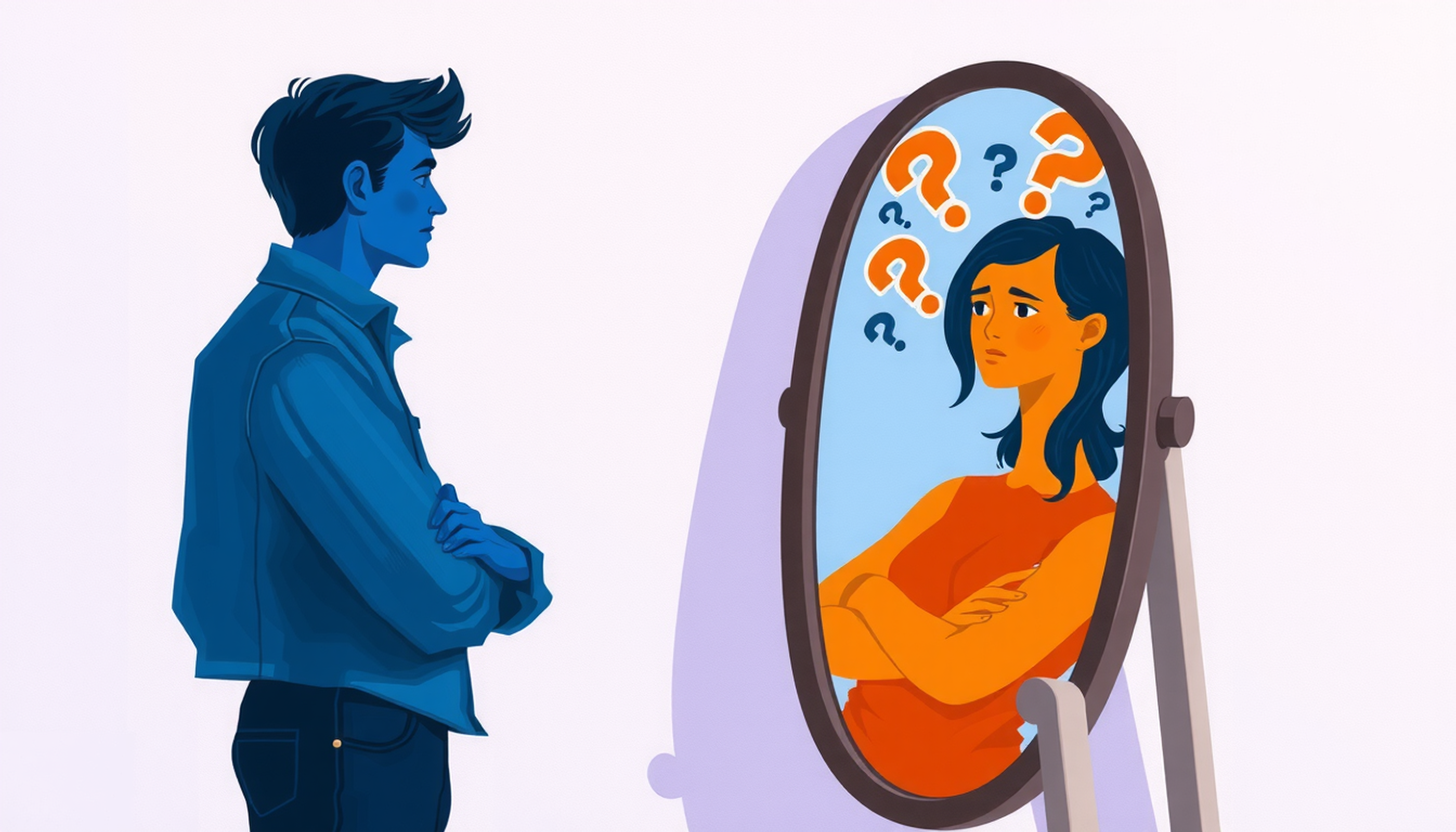 Confident person gazing at a confused reflection with question marks.