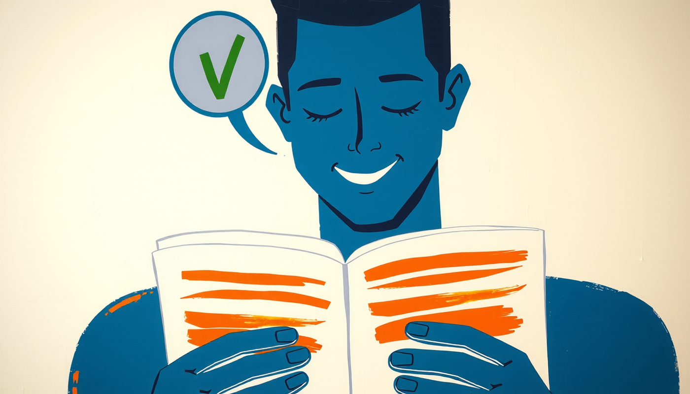 Person reading a book with highlighted contradictions and a confident smile.