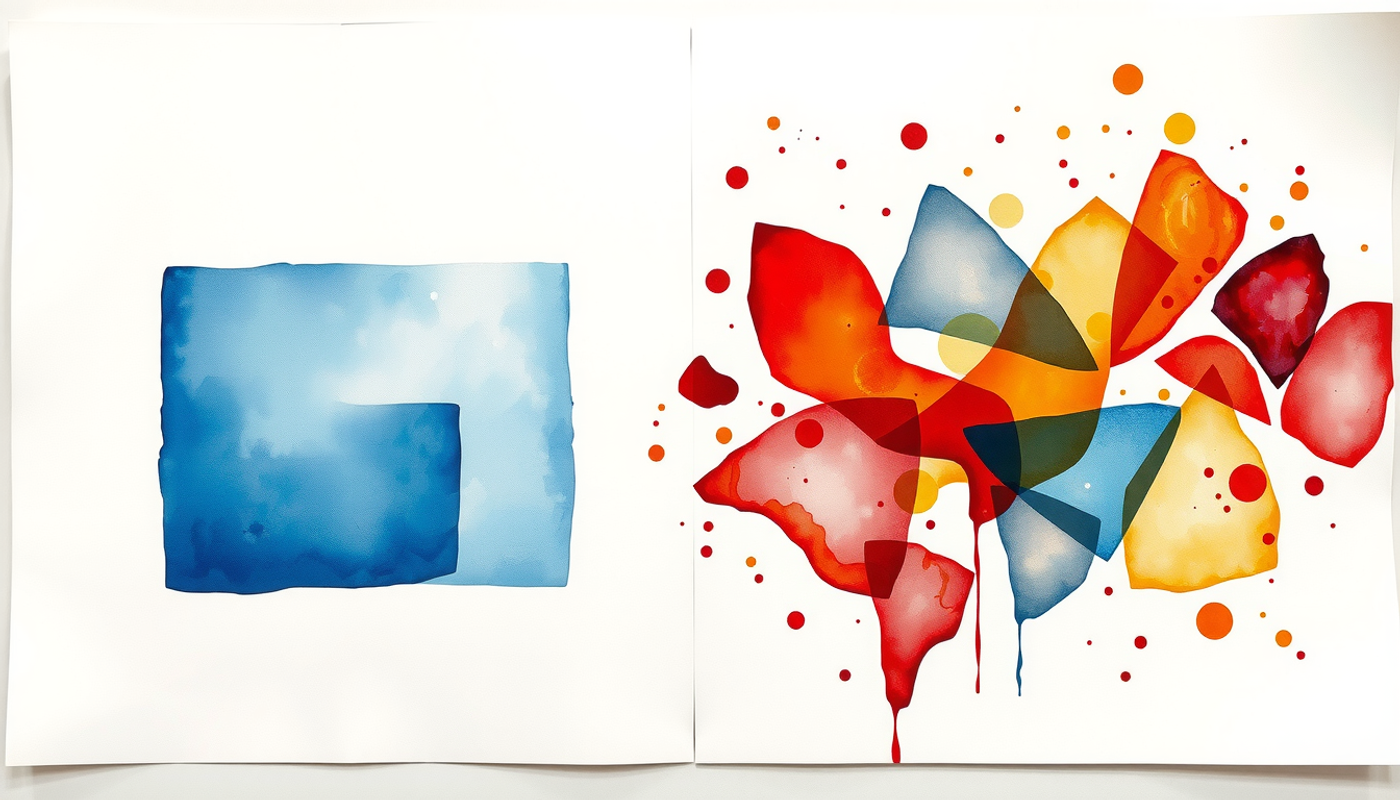 Contrasting abstract patterns: calm geometric blues vs. chaotic warm swirls.