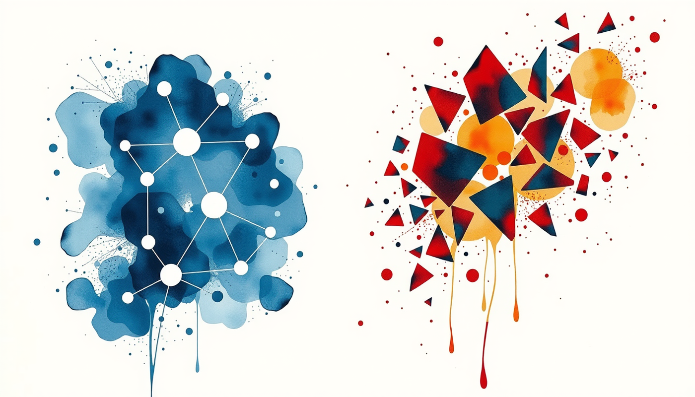 Contrasting memory formations: organized library vs. scattered glass fragments.