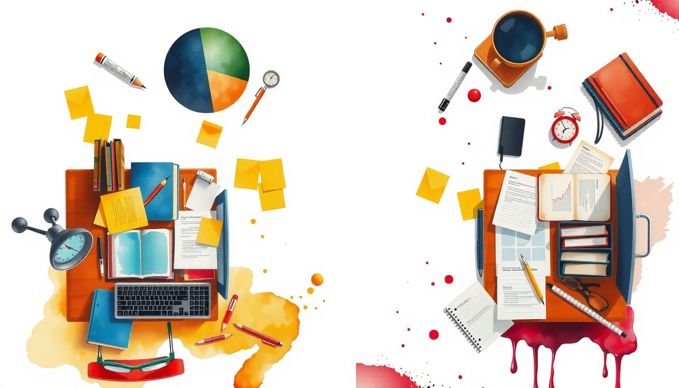 Neat study desk with organized notes vs. messy desk chaos.