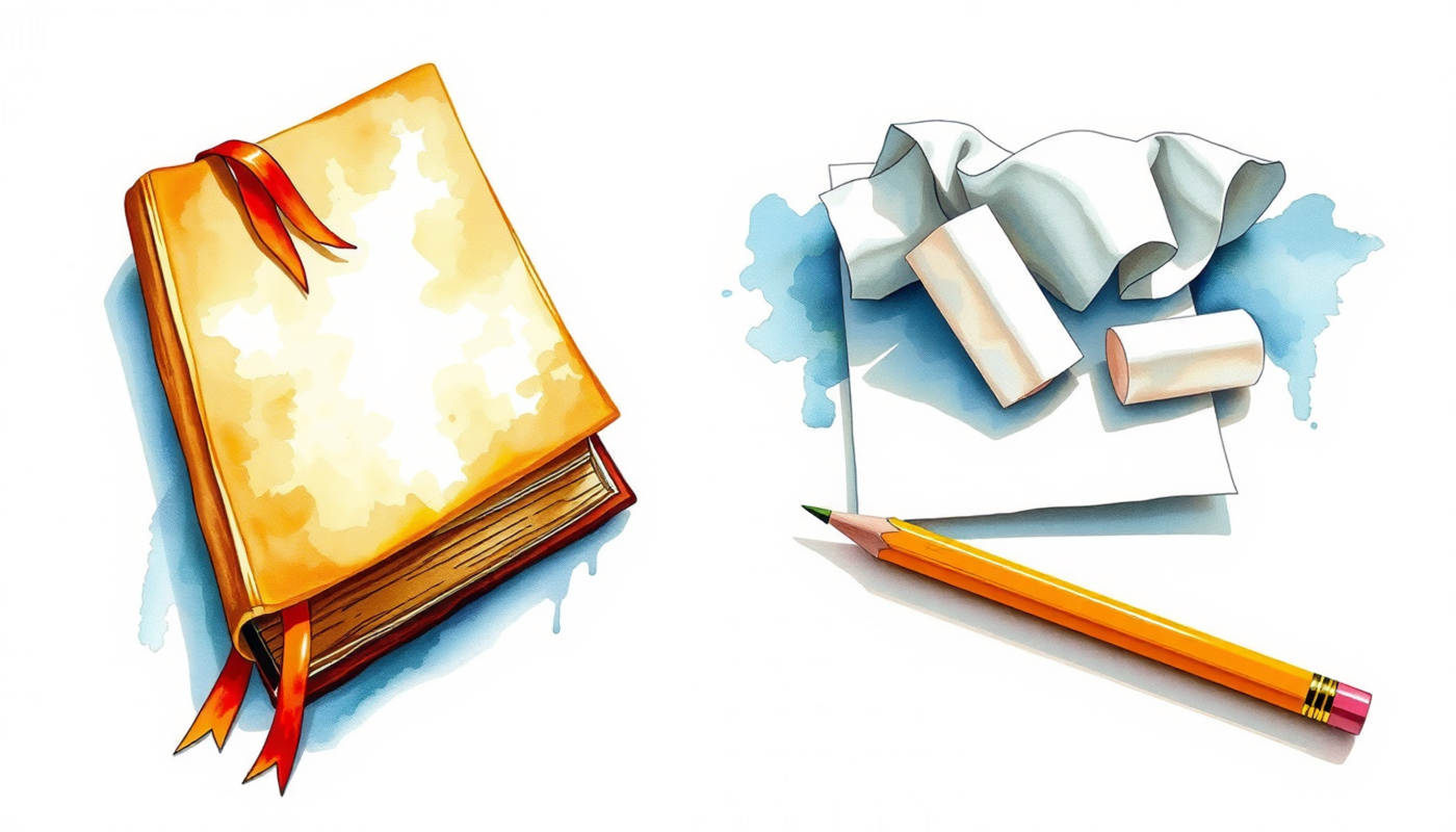 Pristine textbook and crumpled paper contrasting study approaches.