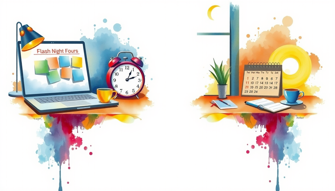 Contrasting study environments: late-night cramming vs. calm morning preparation.