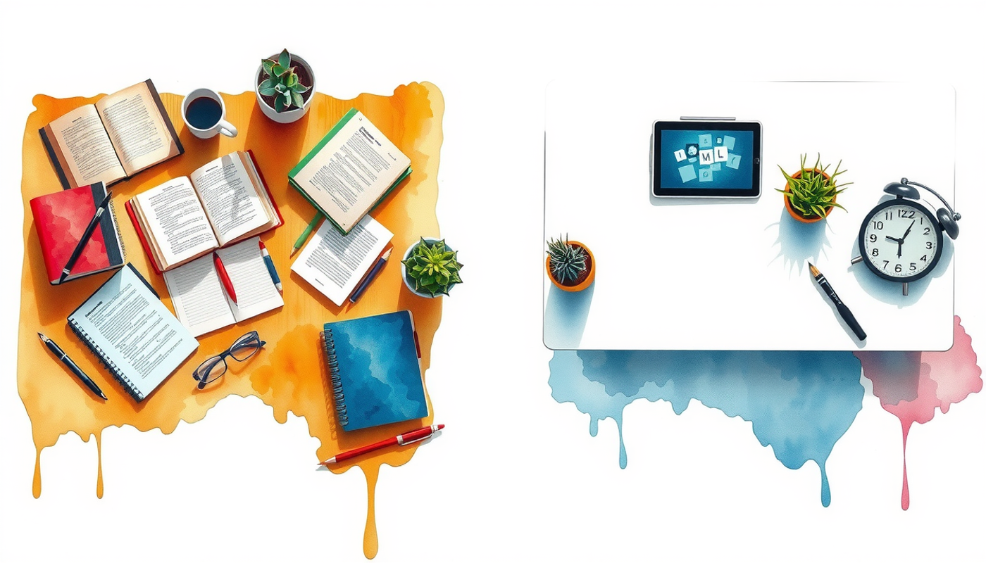 Contrasting study scenes: messy passive study vs. organized active learning.