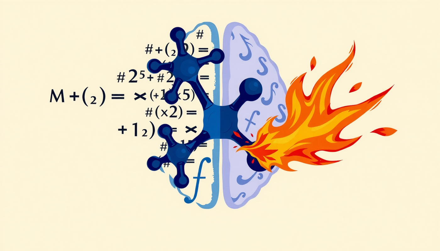 Cortisol molecule erasing math on one side, deepening trauma on the other.