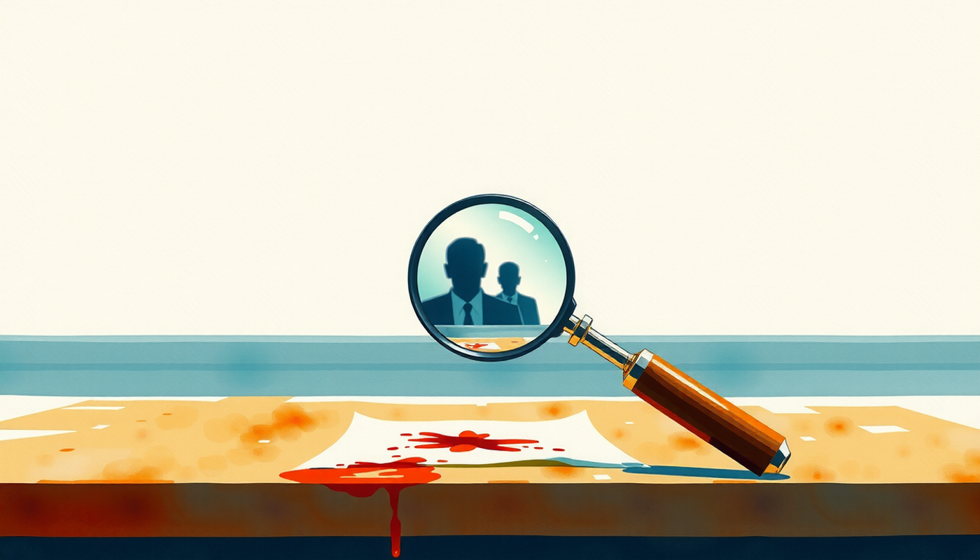 Courtroom evidence table with blurred photograph and magnifying glass.