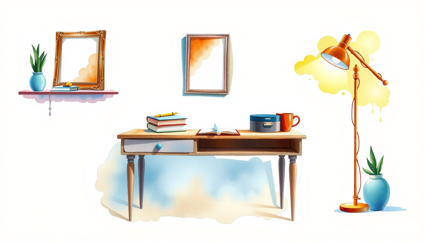 Cozy study corner triptych showcasing desk setup throughout the day.
