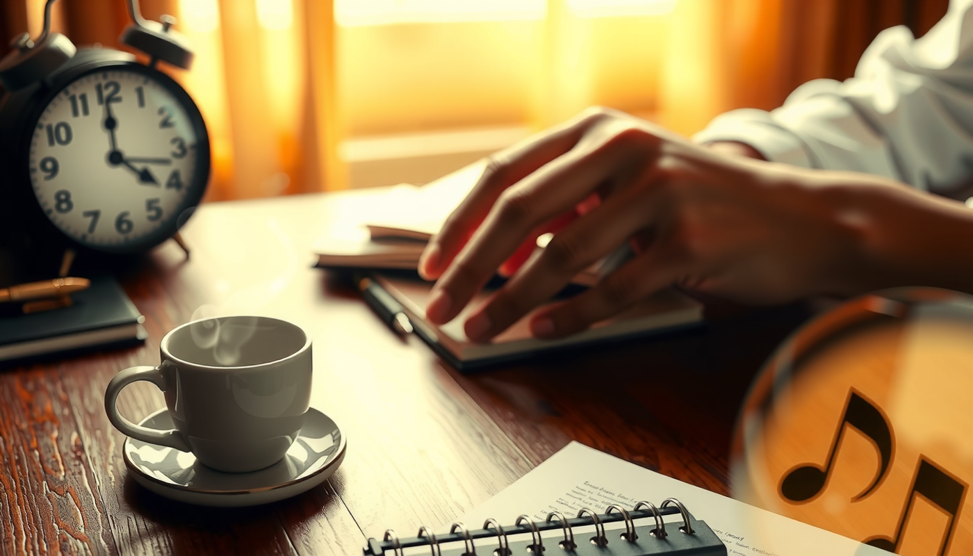 Cozy study scene with layered elements of room, coffee, music, and time.