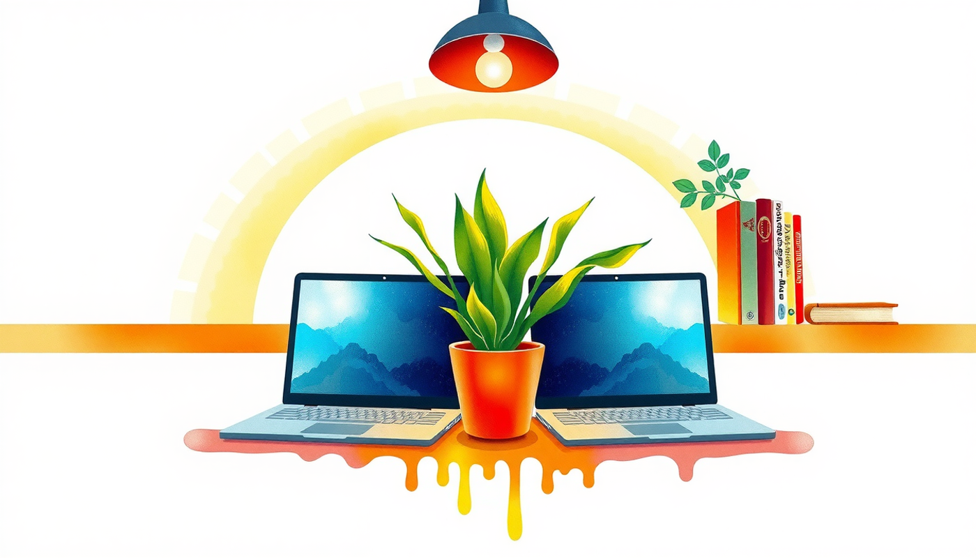 Cozy study space with laptops and a plant in warm light.
